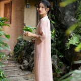 Hibiscus Light Blue Ramie Embroidered Cheongsam Dress