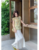 Canvas 2-Piece Printed Top Satin Cheongsam