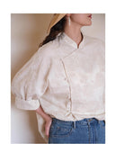 Sara Jacquard Cotton-Linen Cheongsam Top