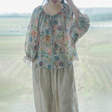 Pastoral Print Ramie Loose Cheongsam Top